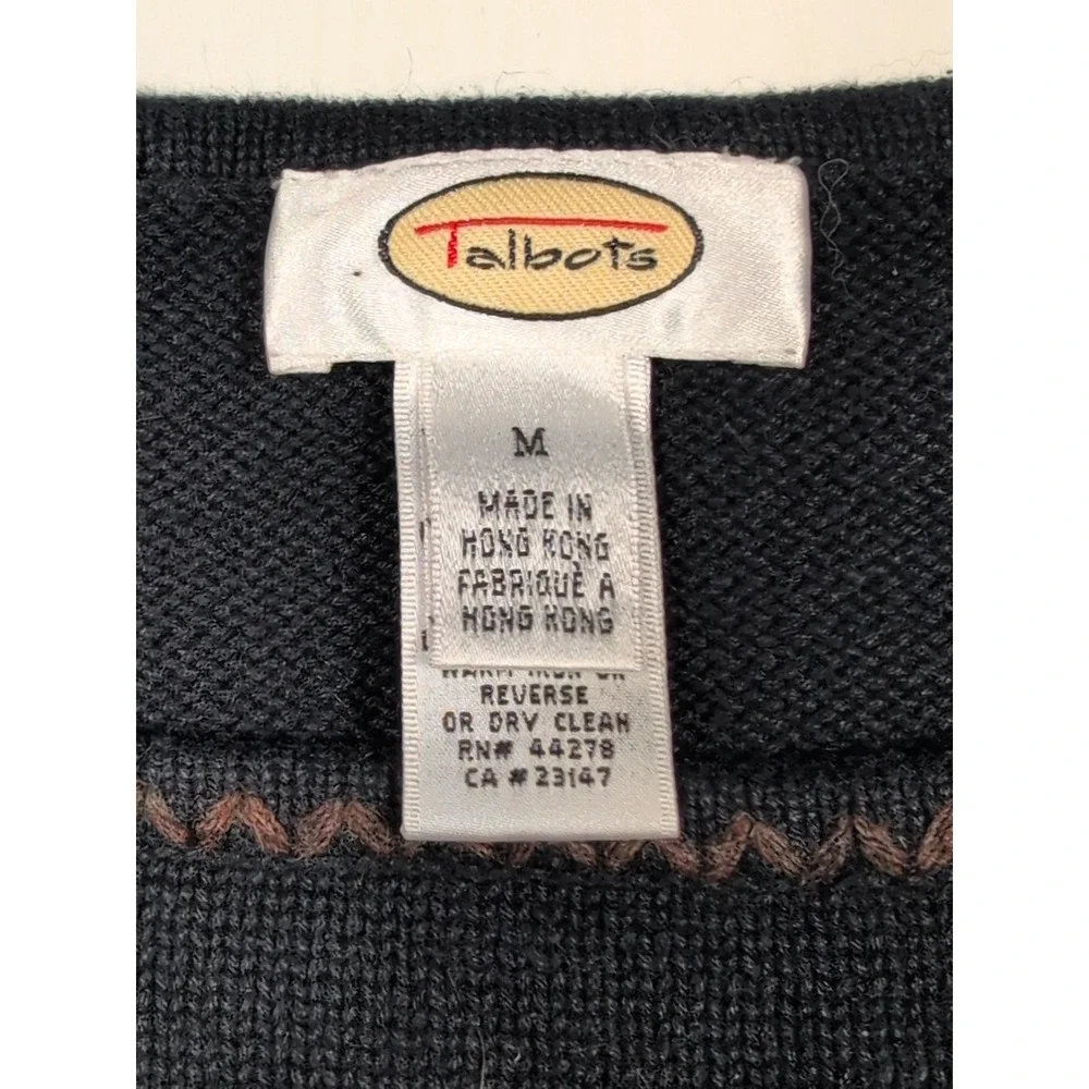 Talbots Womens Sweater M Black Paisley Floral Embroidery Long Sleeve Crew Neck